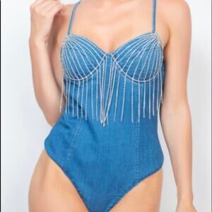 Blashe NWOT Rhinestone Fringe Stretch Jean Denim Leotard Bodysuit in Blue Size L